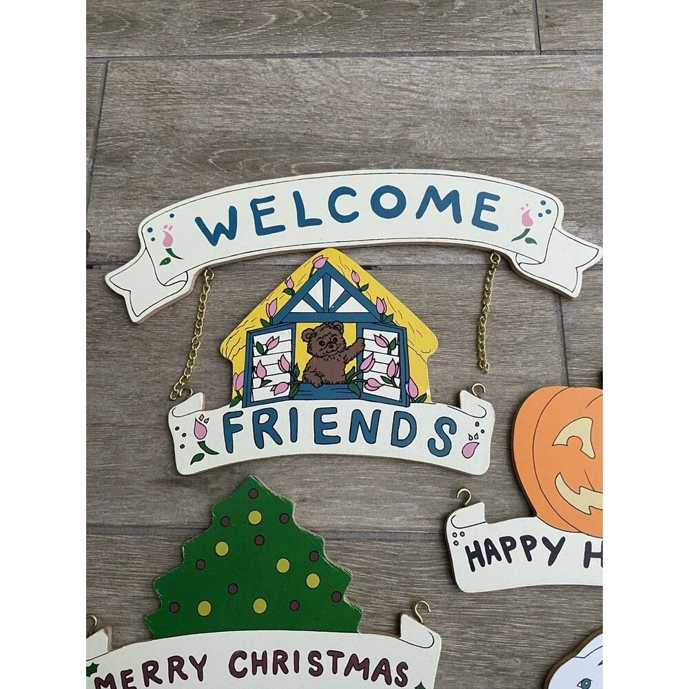 Vintage Hanging Wooden Holiday Welcome Sign Easter Halloween Christmas Friends